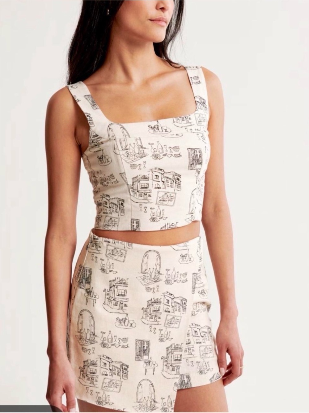 Abercrombie & Fitch Cream Linen Printed Mini Skirt with Sketch Print Medium